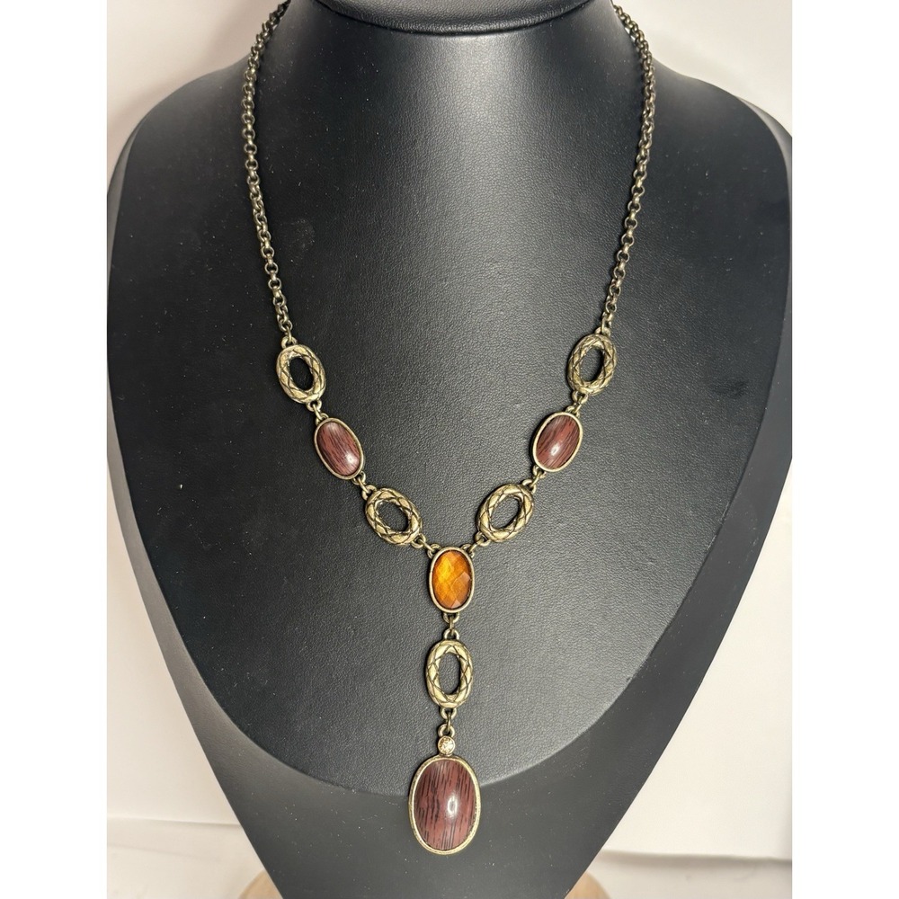 Avon Amber Tone & Faux Wood Cabochons Bronze Tone Necklace Signed SAQ